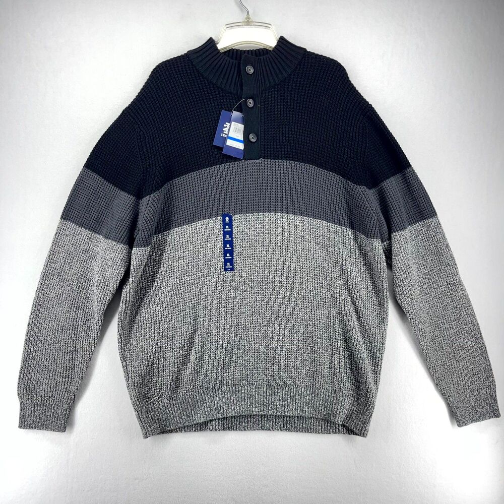 IZOD Men's Black Gray Color Block Waffle Knit Mock Neck Button Sweater XL